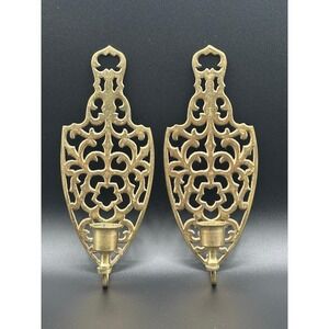 Vintage Solid Brass Wall Sconces Pair 8 Inch Ornate Filigree Scrollwork Gold Set